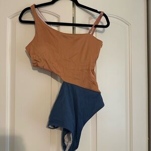 Chic Asymmetrical Bodysuit in Orange and Blue